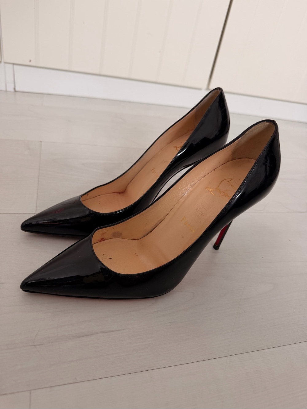 Christian Louboutin Black Patent Pointed-Toe Pumps with Signature Red Soles